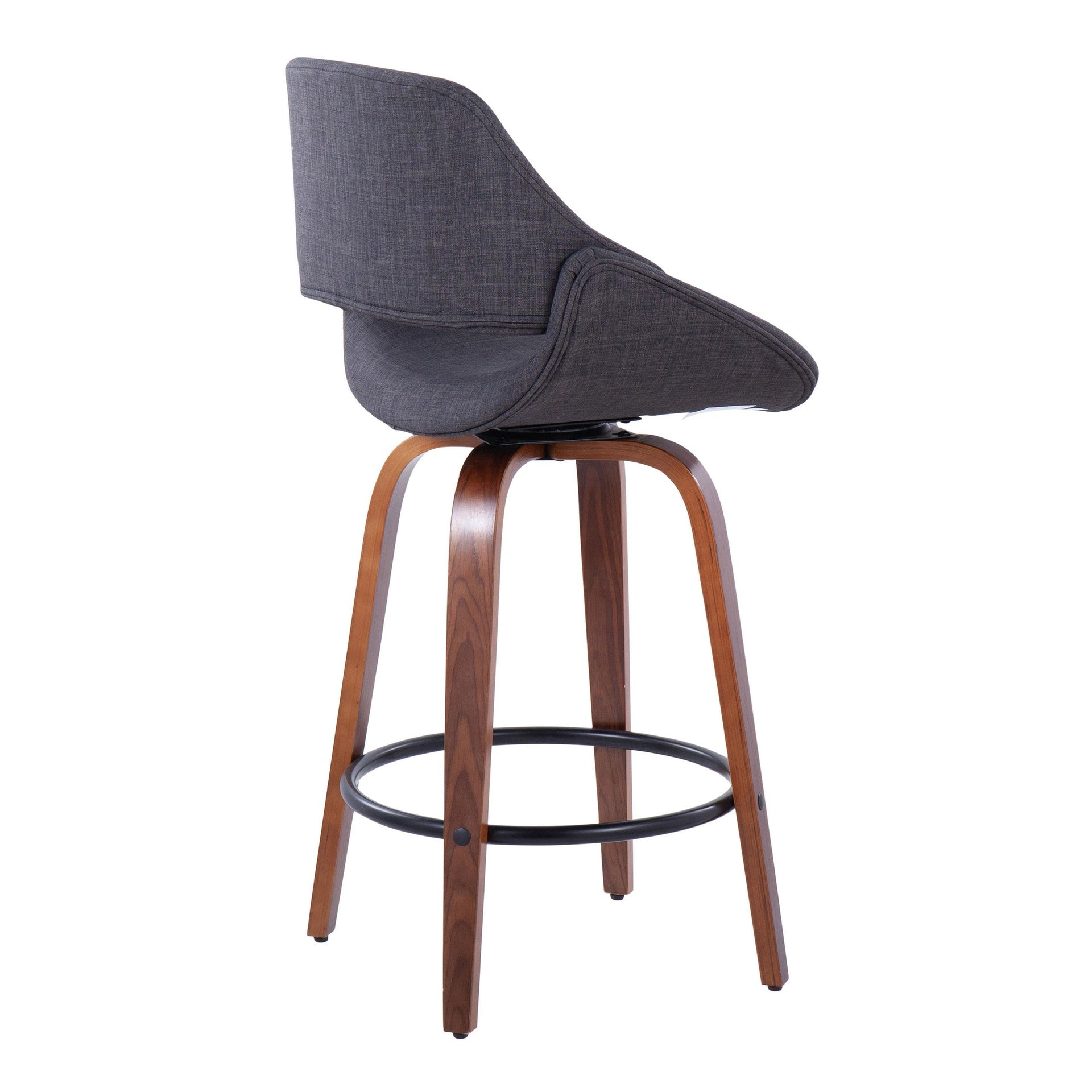 Fabrico 26" Mid-Century Modern Fixed-Height Counter Stool in Walnut Wood and Charcoal Fabric with Round Black Metal Footrest by LumiSource - Set of 2
