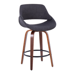 Fabrico 26" Mid-Century Modern Fixed-Height Counter Stool in Walnut Wood and Charcoal Fabric with Round Black Metal Footrest by LumiSource - Set of 2