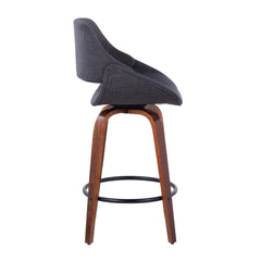 Fabrico 26" Mid-Century Modern Fixed-Height Counter Stool in Walnut Wood and Charcoal Fabric with Round Black Metal Footrest by LumiSource - Set of 2