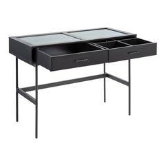 Emery Contemporary Console Table in Black Wood, Black Steel, and Glass Top by LumiSource