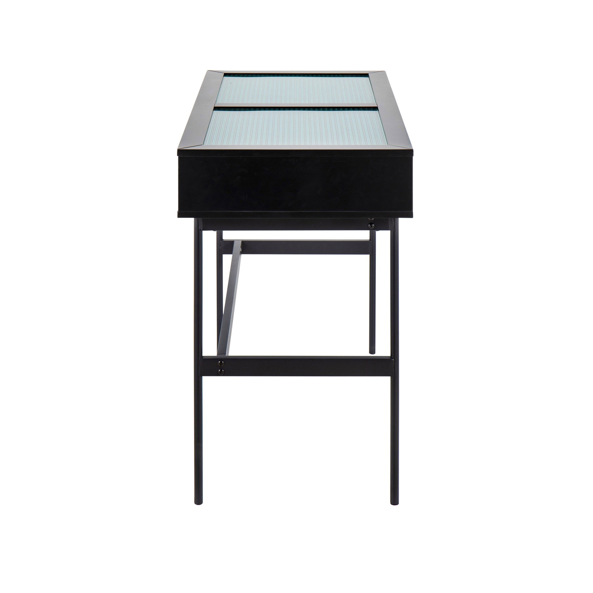 Emery Contemporary Console Table in Black Wood, Black Steel, and Glass Top by LumiSource