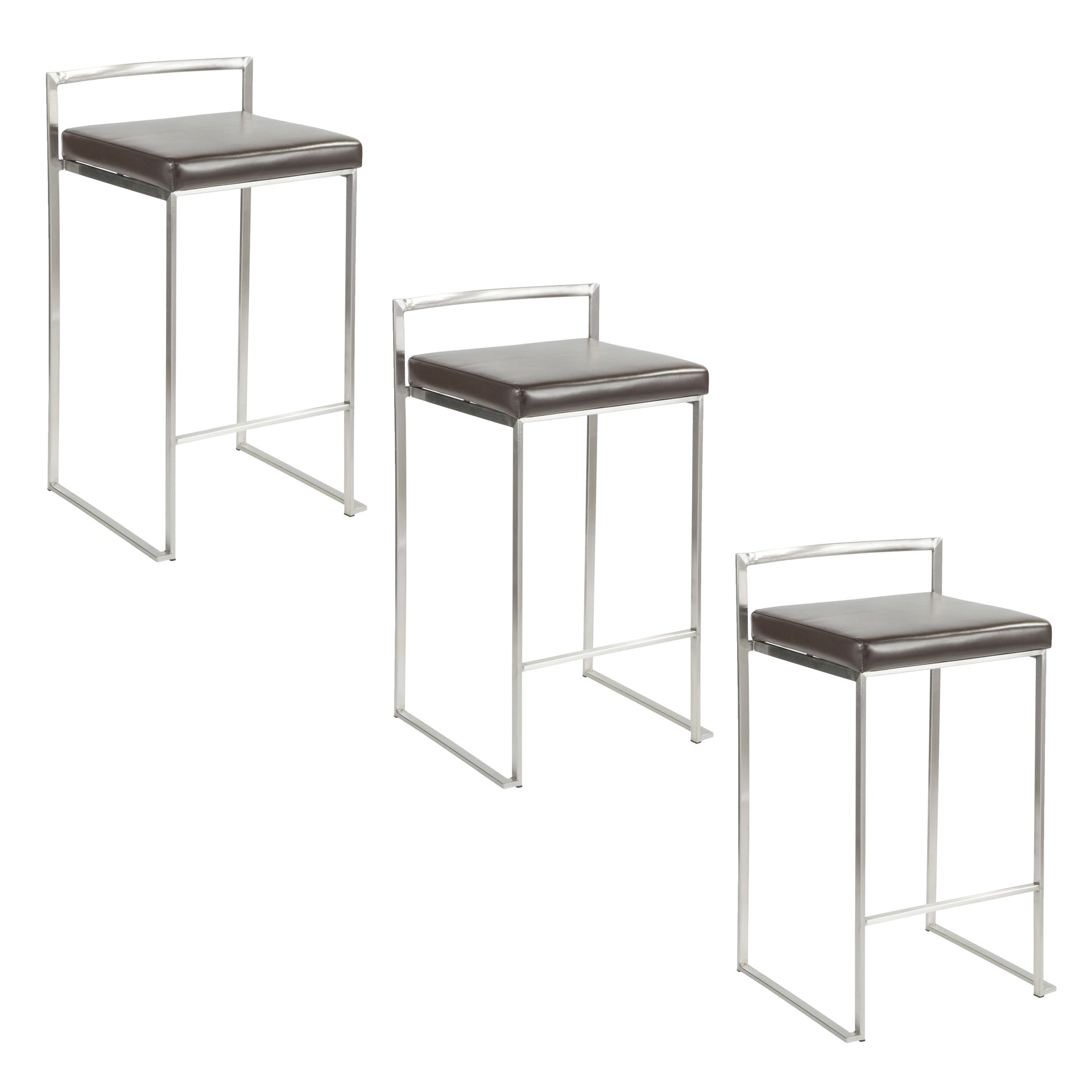 Fuji 26" Contemporary Stackable Counter Stool in Brushed Stainless Steel with Brown Faux Leather by LumiSource - Set of 3