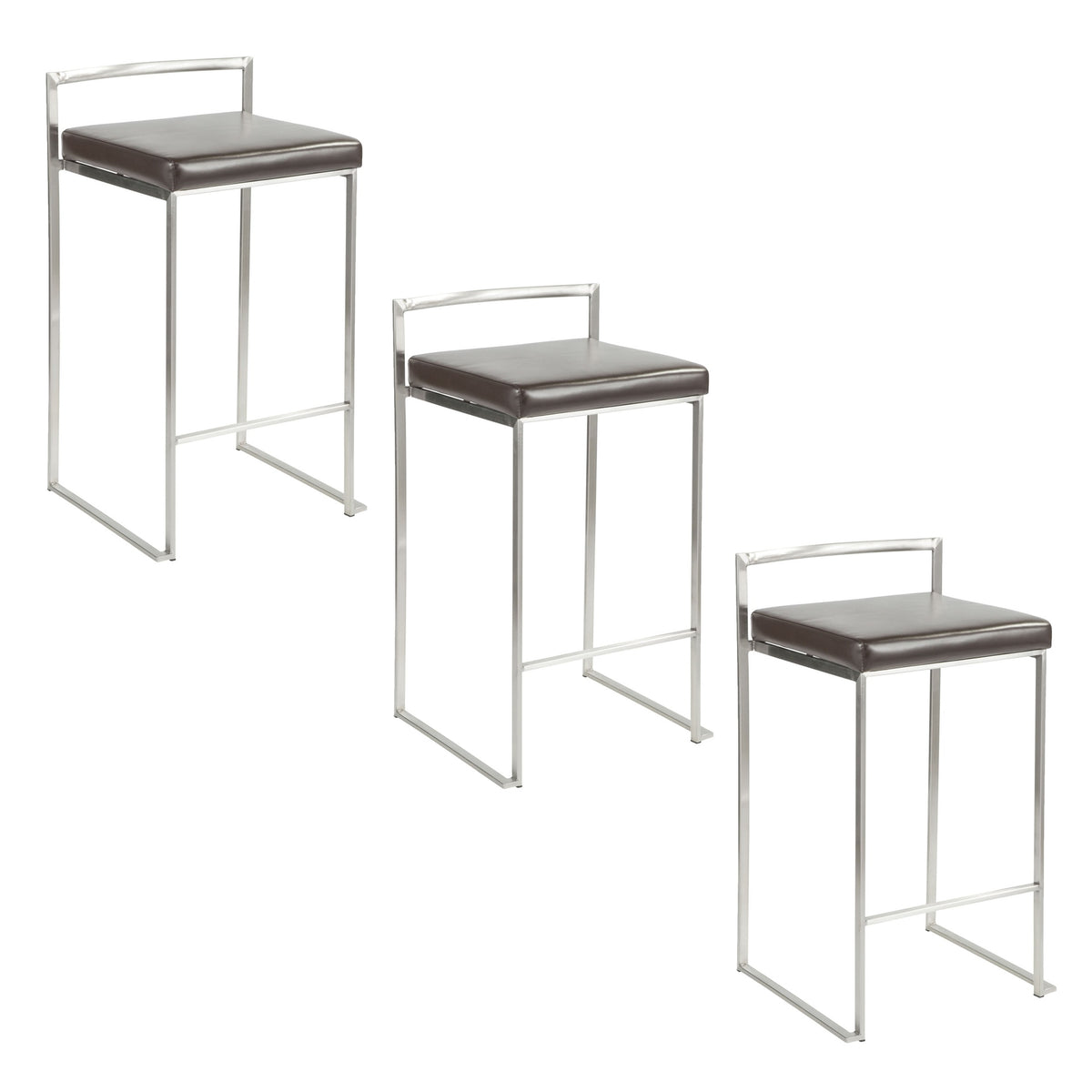 Fuji 26" Contemporary Stackable Counter Stool in Brushed Stainless Steel with Brown Faux Leather by LumiSource - Set of 3