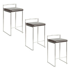 Fuji 26" Contemporary Stackable Counter Stool in Brushed Stainless Steel with Brown Faux Leather by LumiSource - Set of 3