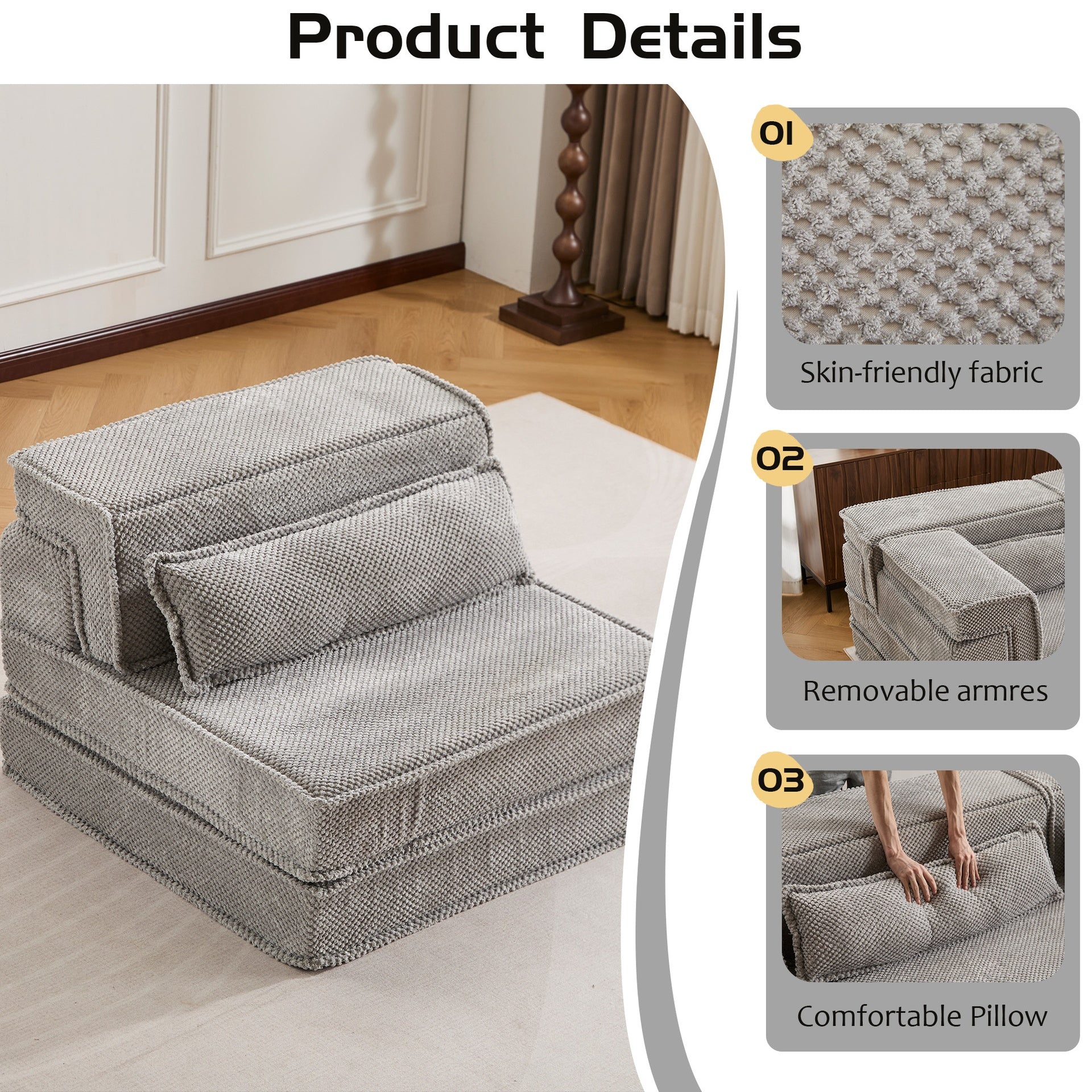 Compression Mahjong Sofa,Convertible Floor Sofa Bed ,DIY Boneless Modular Sectional Sofa,No Assembly Required,Circle fleece fabric,Oversized Single Sofa with 1 Pillow,Light Grey