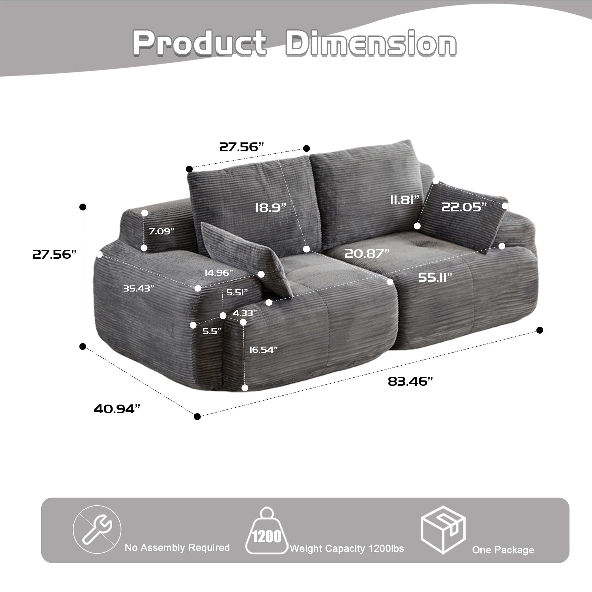 Modern Memory Foam Compressed Sofa,2 Seater Large Sectional Couches for Living Room,Pet-Friendly Cloud Modular Sectional Sofa,Corduroy Fabric,Extra Deep Loveseat,No Assembly required, Grey