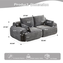 Modern Memory Foam Compressed Sofa,2 Seater Large Sectional Couches for Living Room,Pet-Friendly Cloud Modular Sectional Sofa,Corduroy Fabric,Extra Deep Loveseat,No Assembly required, Grey