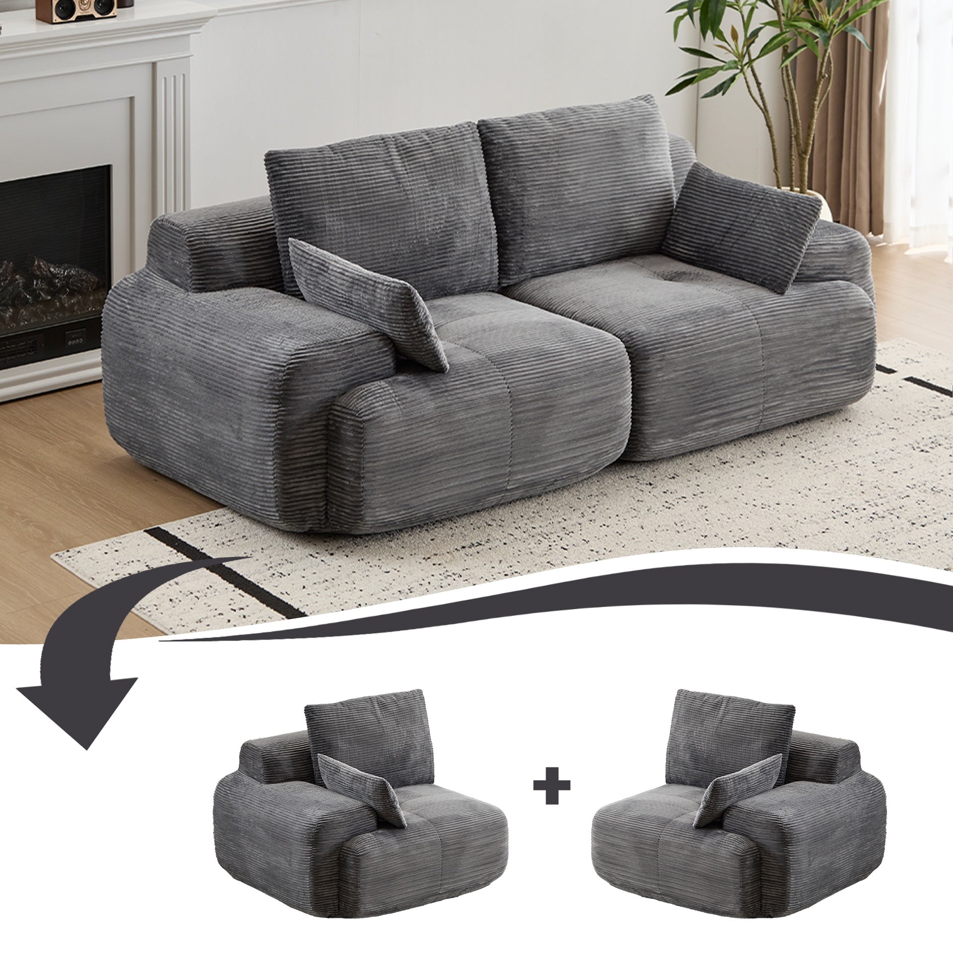Modern Memory Foam Compressed Sofa,2 Seater Large Sectional Couches for Living Room,Pet-Friendly Cloud Modular Sectional Sofa,Corduroy Fabric,Extra Deep Loveseat,No Assembly required, Grey