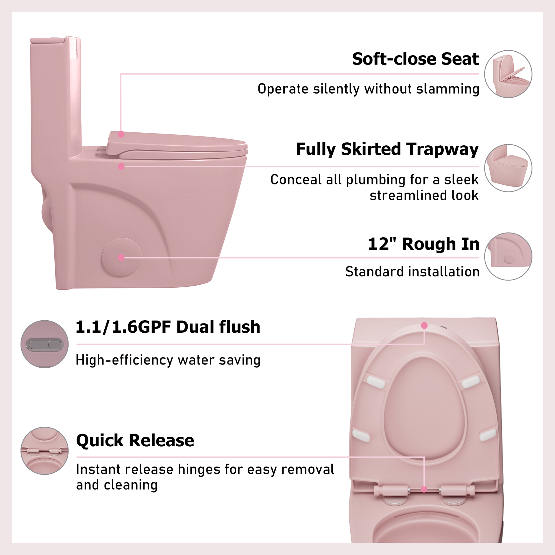 1.1/1.60 GPF Dual-Flush One Piece Toilet, Water-Saving Elongated Comfort Height Floor Mounted, Soft Close 1000 Gram Map Flushing Score Toilet, Rose GF-24T01-RS