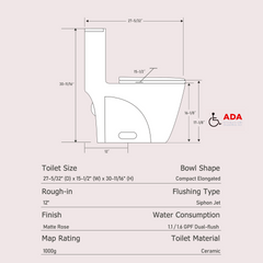1.1/1.60 GPF Dual-Flush One Piece Toilet, Water-Saving Elongated Comfort Height Floor Mounted, Soft Close 1000 Gram Map Flushing Score Toilet, Rose GF-24T01-RS
