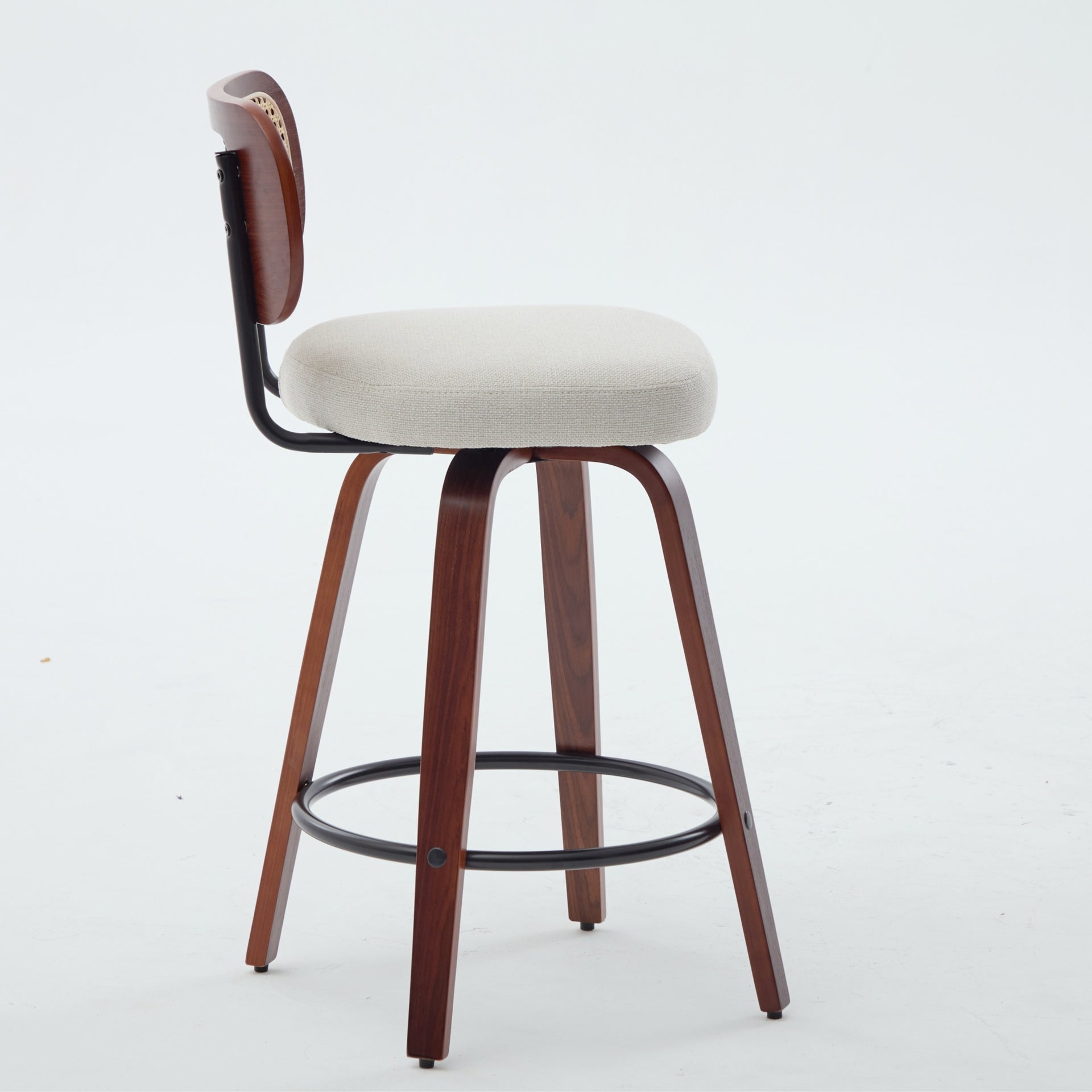 Set of 3, 26-Inch Counter Height Bar Stools - Walnut Black, Cane Rattan Back, Beige Linen Upholstered Seat, Swivel Design for Kitchen Island/Bar/Counter,SW3766BG