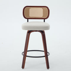 Set of 3, 26-Inch Counter Height Bar Stools - Walnut Black, Cane Rattan Back, Beige Linen Upholstered Seat, Swivel Design for Kitchen Island/Bar/Counter,SW3766BG