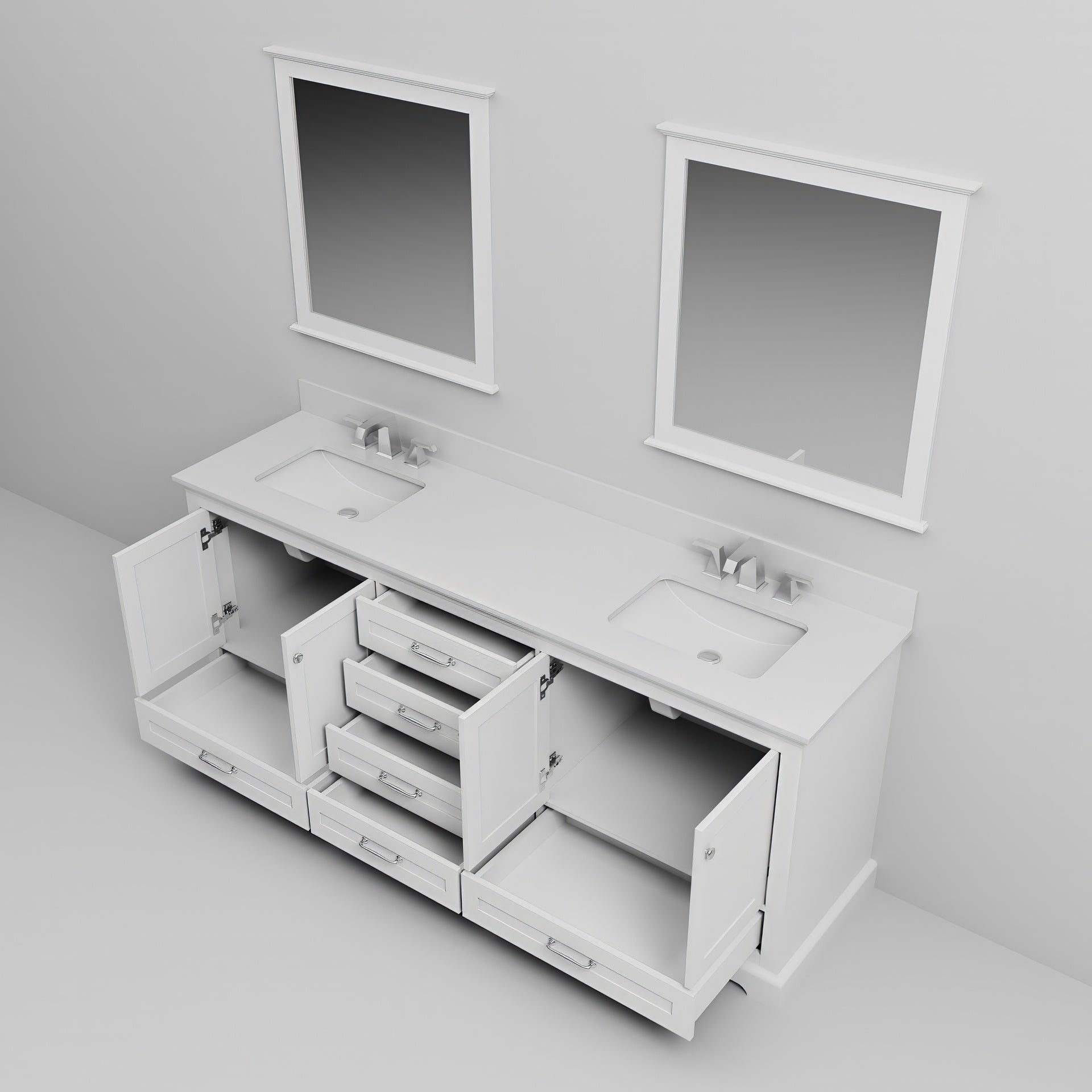 White Double Bath Vanity 80 in. W x 22 in. D, White Quartz Top, Faucet Set, and 30 in. Mirrors
