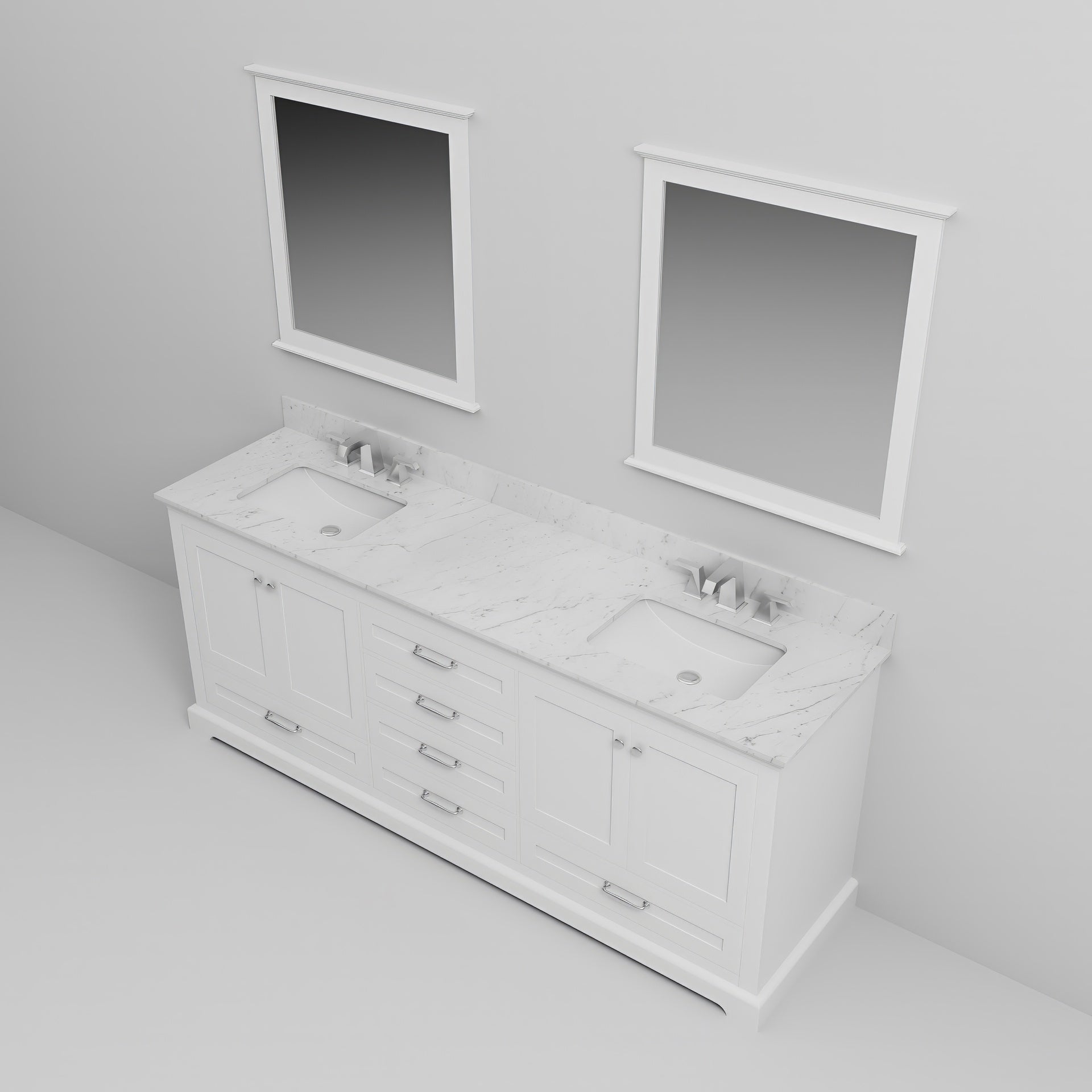 White Double Bath Vanity 80 in. W x 22 in. D, Carrara Marble Top, Faucet Set, and 30 in. Mirrors