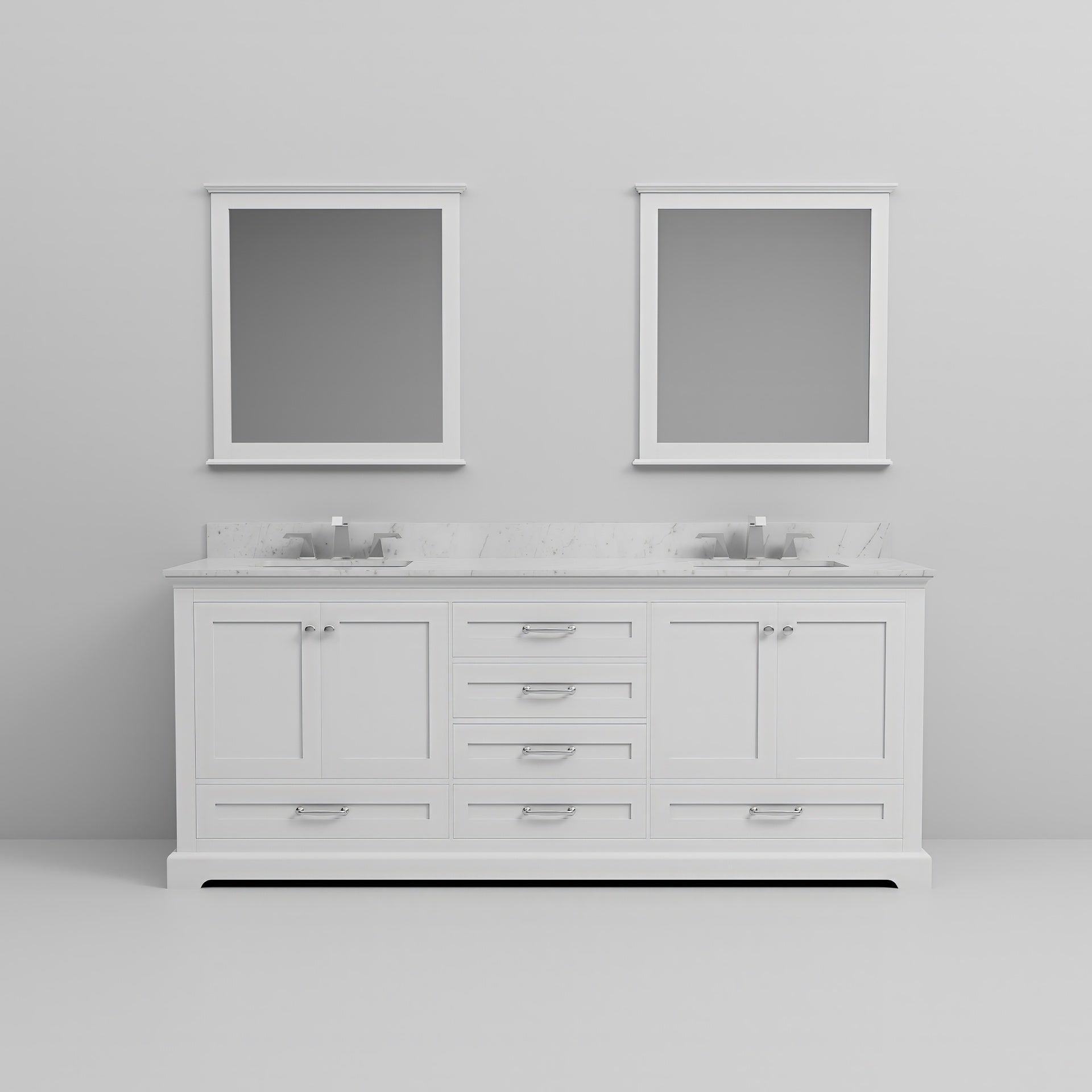White Double Bath Vanity 80 in. W x 22 in. D, Carrara Marble Top, Faucet Set, and 30 in. Mirrors