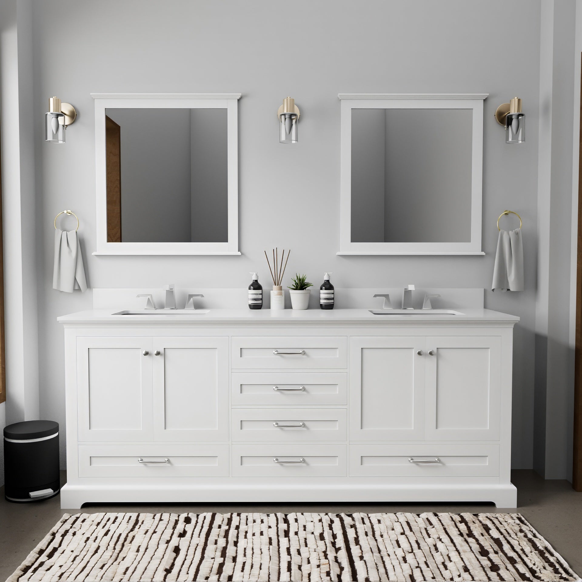 White Double Bath Vanity 80 in. W x 22 in. D, Cultured Marble Top, and 30 in. Mirrors
