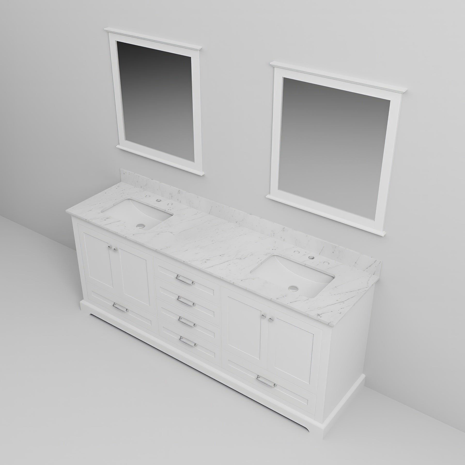 White Double Bath Vanity 80 in. W x 22 in. D, Carrara Marble Top, and 30 in. Mirrors