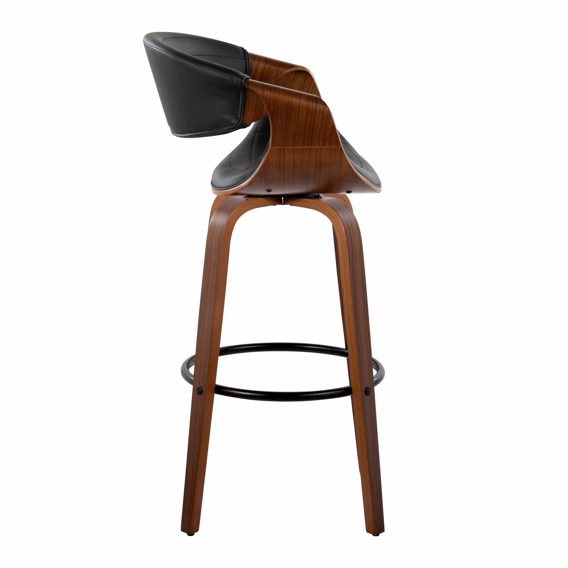 Symphony 30" Mid-Century Modern Fixed-Height Barstool with Swivel in Walnut Wood and Black Faux Leather with Round Black Metal Footrest by LumiSource - Set of 2