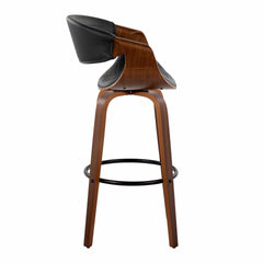 Symphony 30" Mid-Century Modern Fixed-Height Barstool with Swivel in Walnut Wood and Black Faux Leather with Round Black Metal Footrest by LumiSource - Set of 2