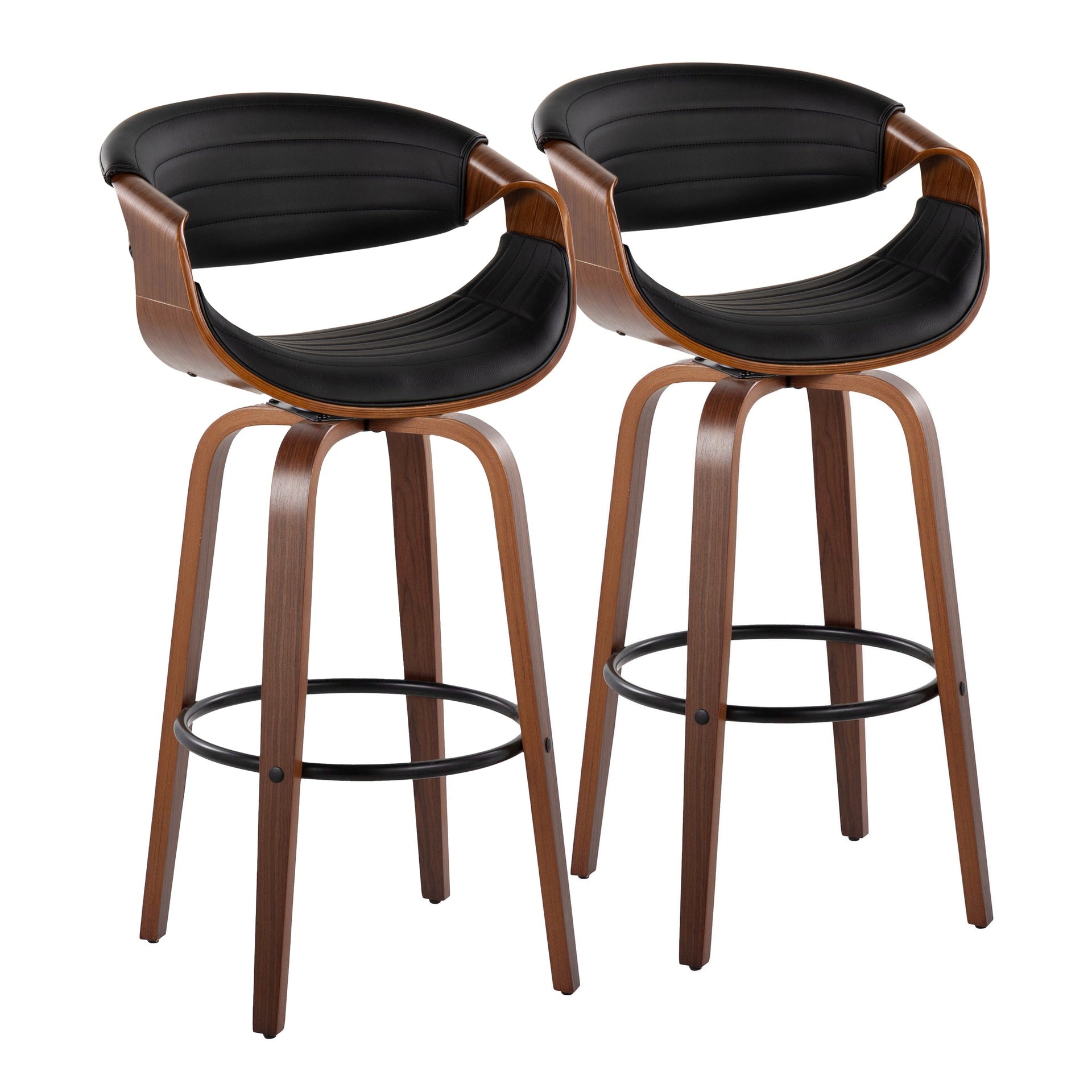 Symphony 30" Mid-Century Modern Fixed-Height Barstool with Swivel in Walnut Wood and Black Faux Leather with Round Black Metal Footrest by LumiSource - Set of 2