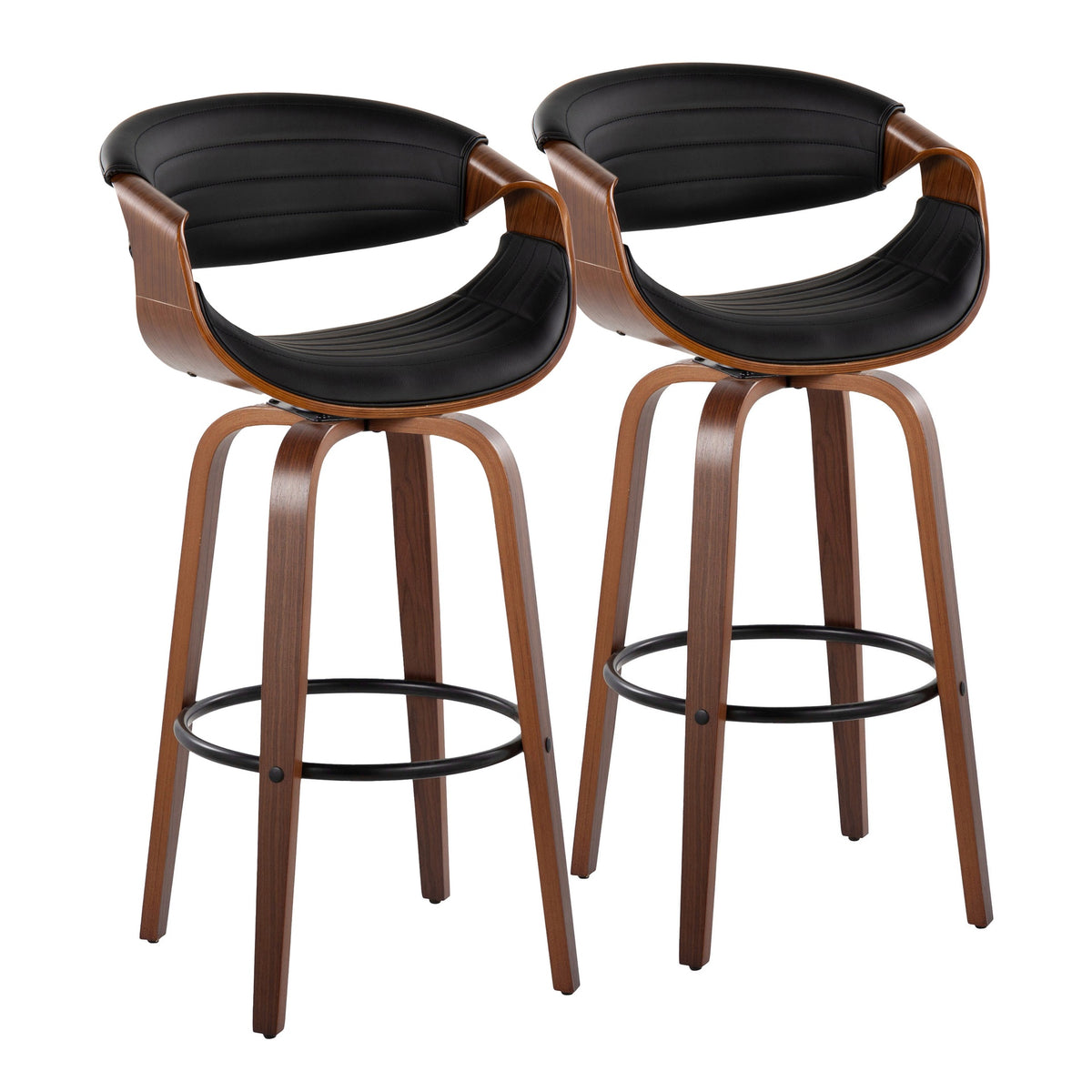 Symphony 30" Mid-Century Modern Fixed-Height Barstool with Swivel in Walnut Wood and Black Faux Leather with Round Black Metal Footrest by LumiSource - Set of 2
