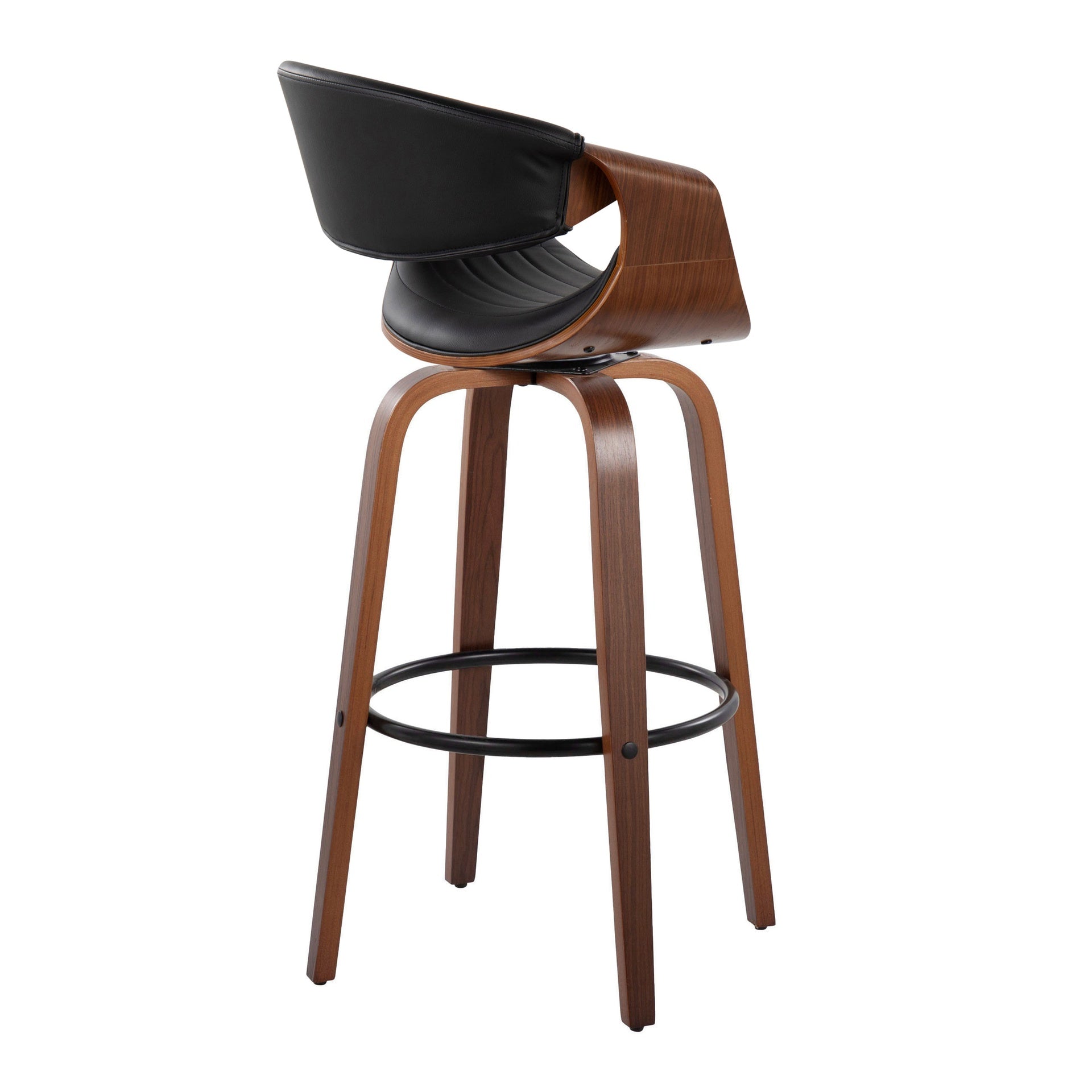 Symphony 30" Mid-Century Modern Fixed-Height Barstool with Swivel in Walnut Wood and Black Faux Leather with Round Black Metal Footrest by LumiSource - Set of 2