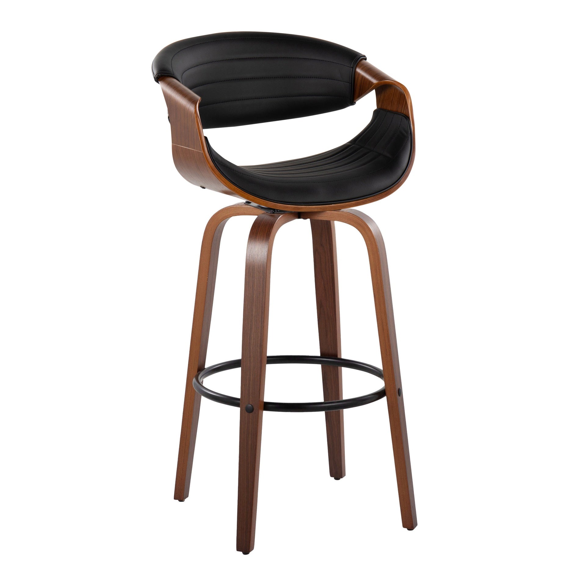 Symphony 30" Mid-Century Modern Fixed-Height Barstool with Swivel in Walnut Wood and Black Faux Leather with Round Black Metal Footrest by LumiSource - Set of 2