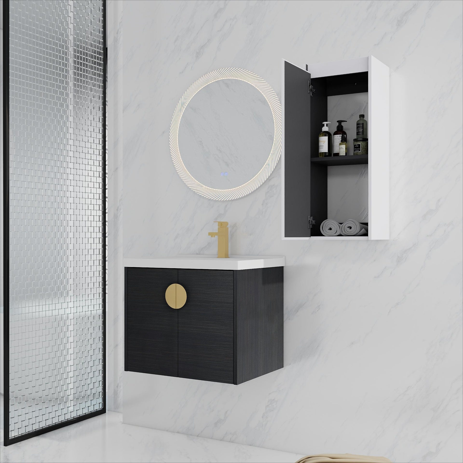 24" Wall-Mounted Bathroom Vanity With Ceramic Sink and Side Cabinet, Soft Close Doors, 00112WH-06324BCT Combination Cabinet(KD-Packing)