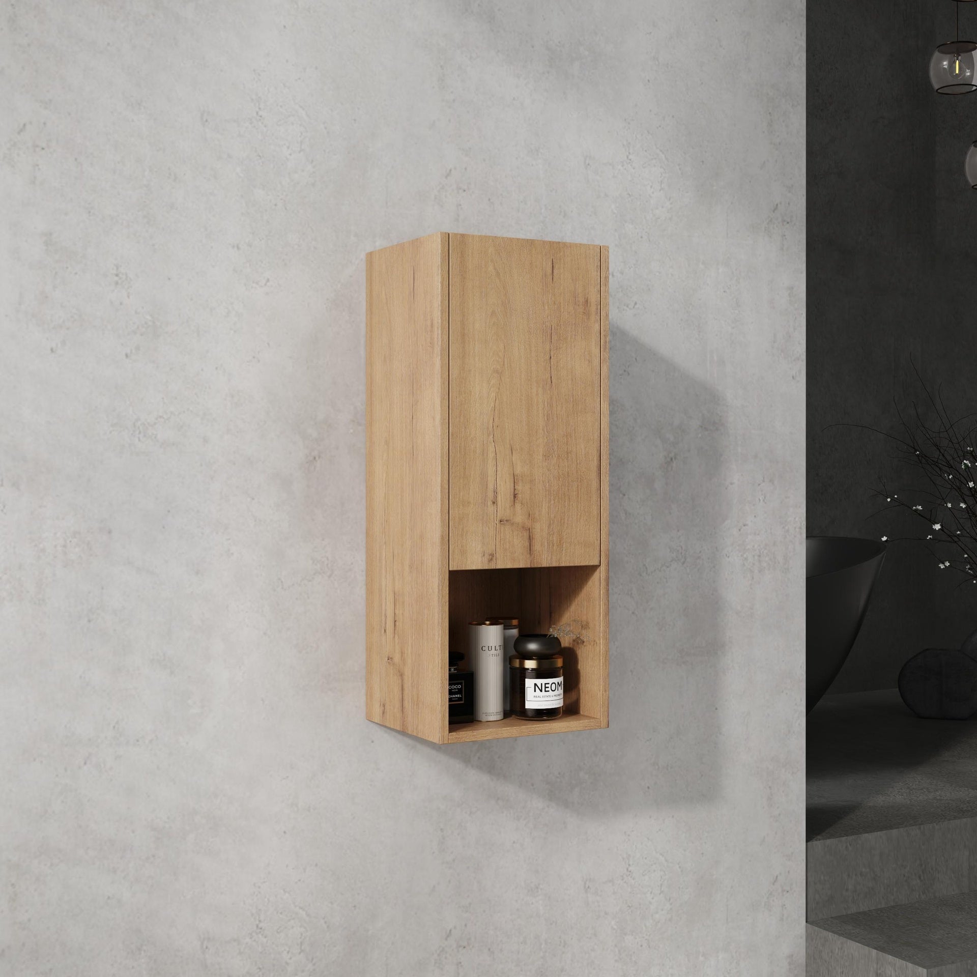 12" Bathroom Side Cabinet,Soft Close Doors,Float Mounting Design,Imitative Oak,(KD-Packing)