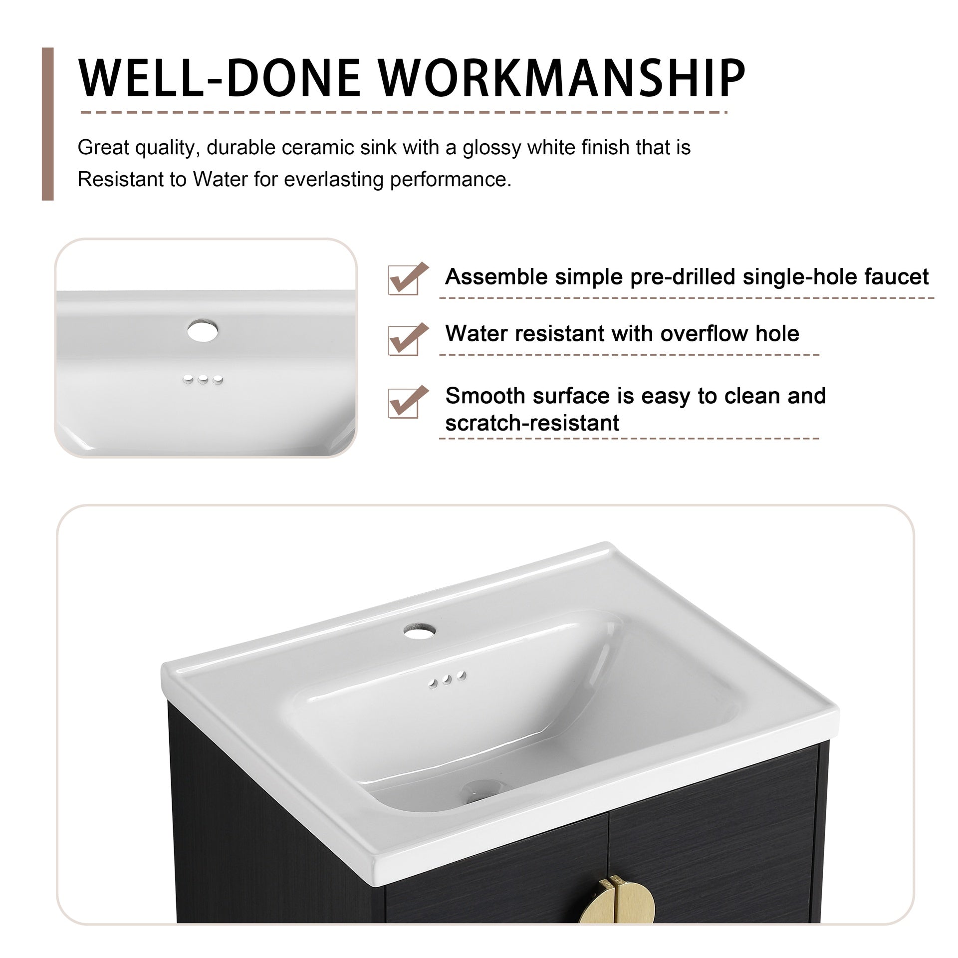 24 Inch Soft Close Doors Bathroom Vanity With Sink, For Small Bathroom,(KD-Packing)