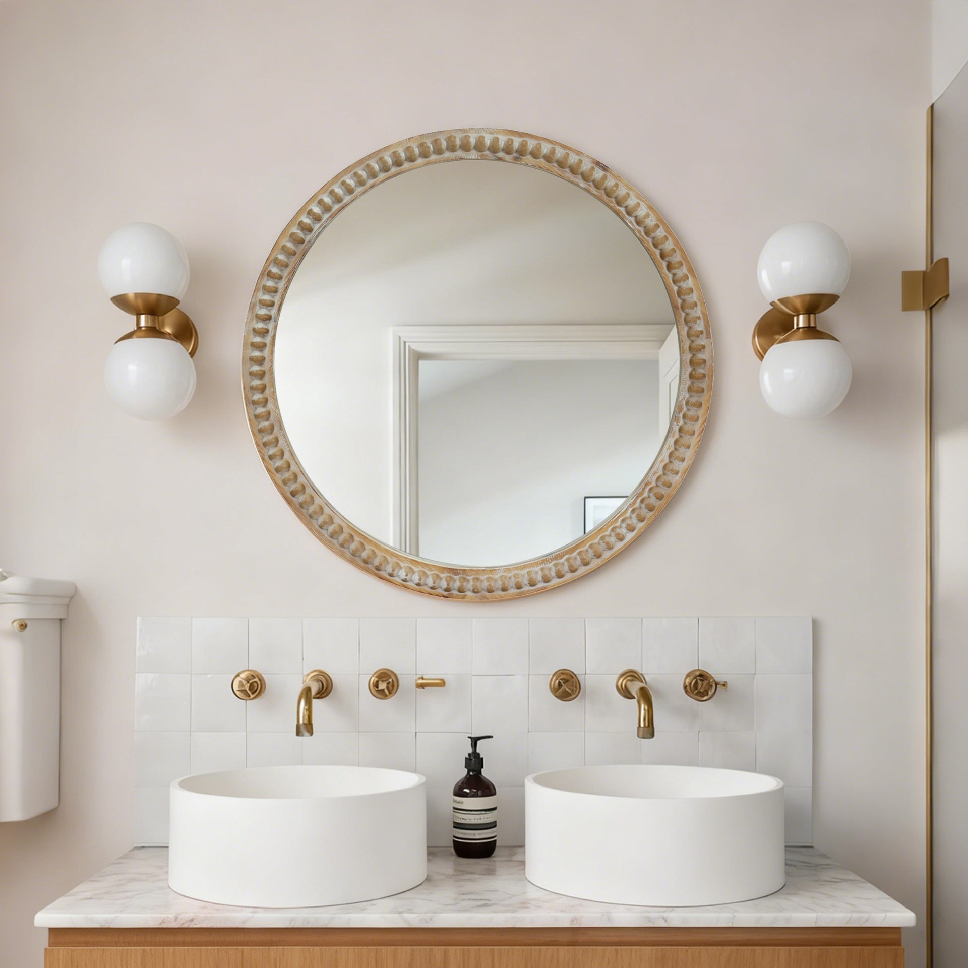 Round Decorative Wall Mirror, 27.5" Distressed Wood Beaded Frame Mirror for Entryway, Living Room, Bathroom, Farmhouse Style Accent Mirror