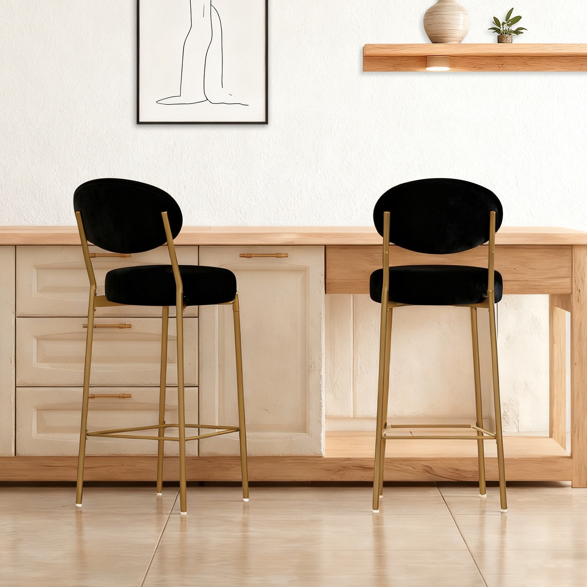 2-Pack Modern Velvet Bar Stools with Gold Metal Legs Accent  Round Counter Stools for Kitchen Island, Home Bar (Black)