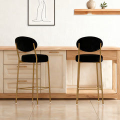 2-Pack Modern Velvet Bar Stools with Gold Metal Legs Accent  Round Counter Stools for Kitchen Island, Home Bar (Black)