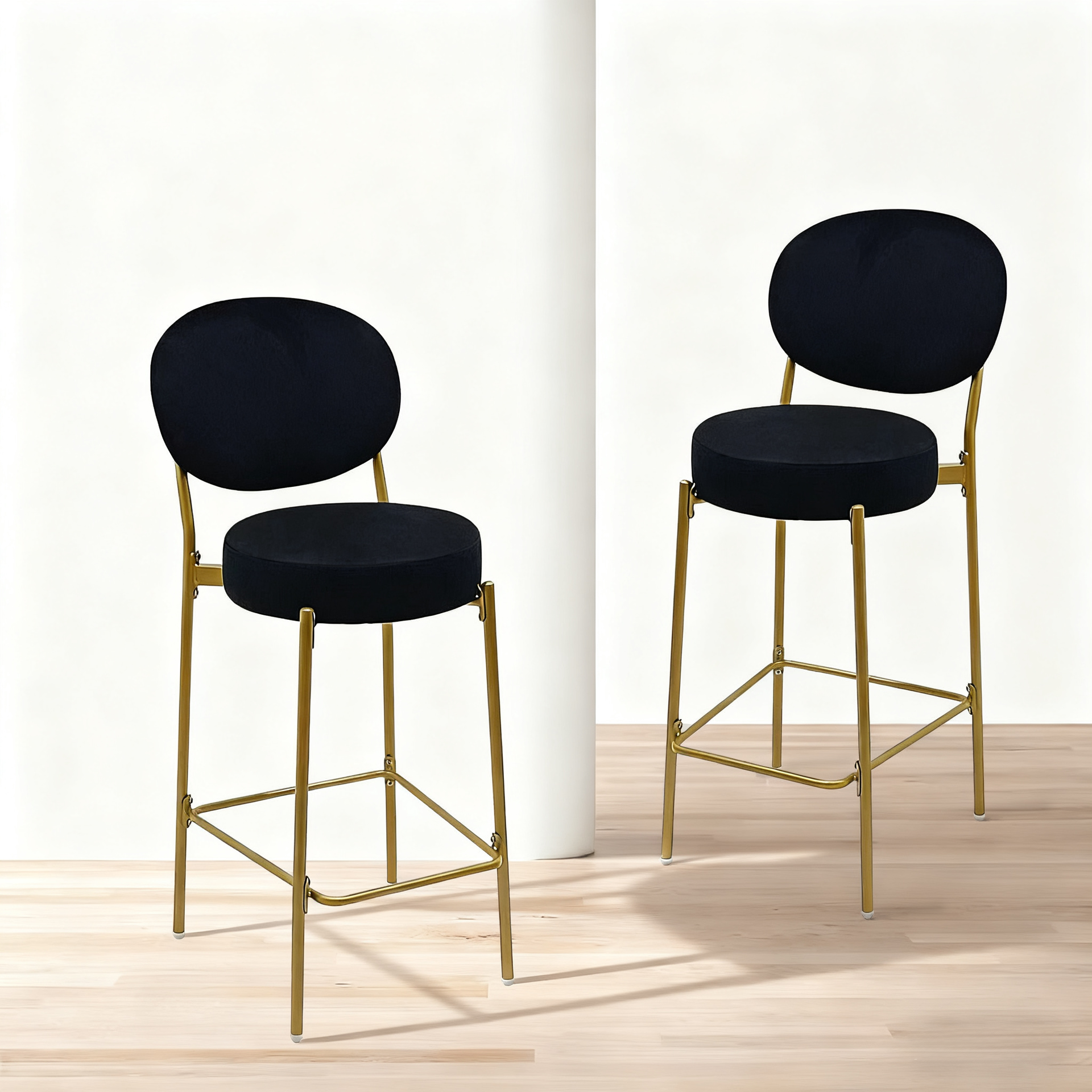2-Pack Modern Velvet Bar Stools with Gold Metal Legs Accent  Round Counter Stools for Kitchen Island, Home Bar (Black)