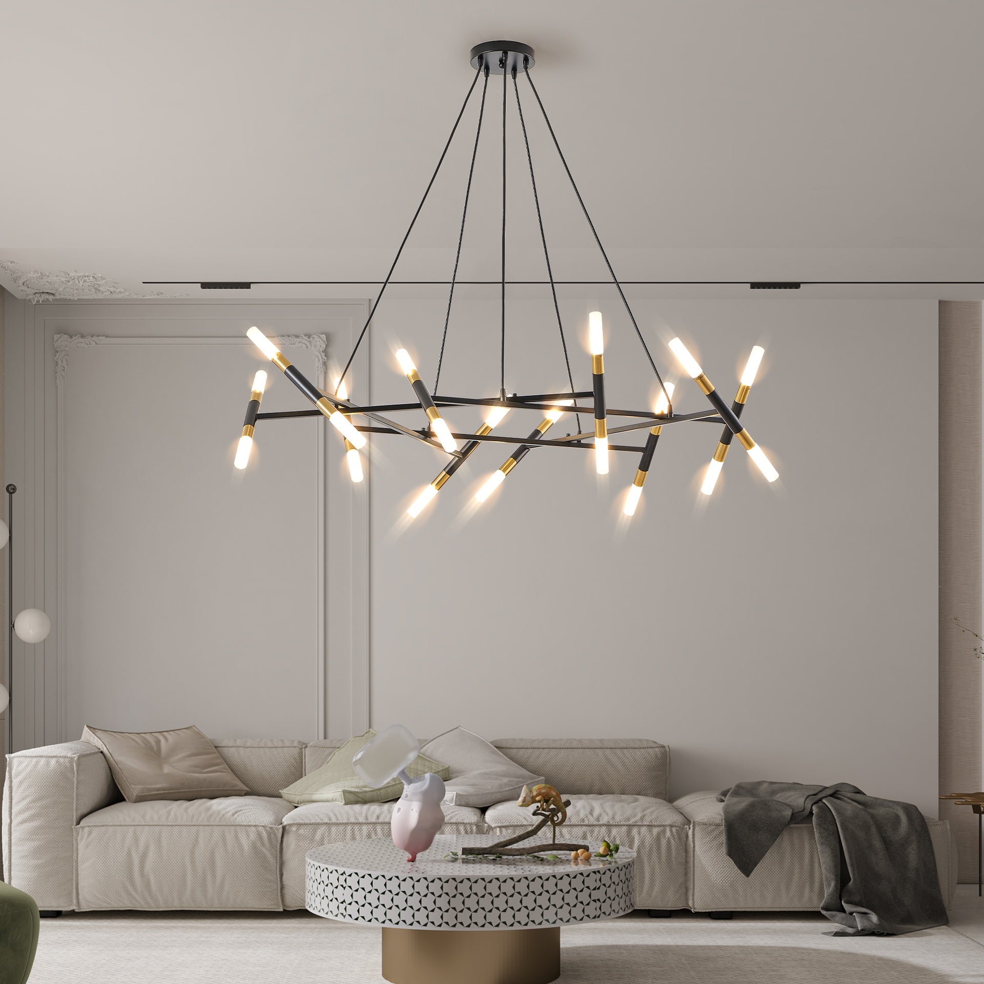 41" Black & Golden Modern Chandelier Light Fixture, Branch Design with Frosted Tubes, Black Cords, Adjustable Height Pendant Light for Dining Room, Living Room, or Kitchen Island (Bulb Not Included)