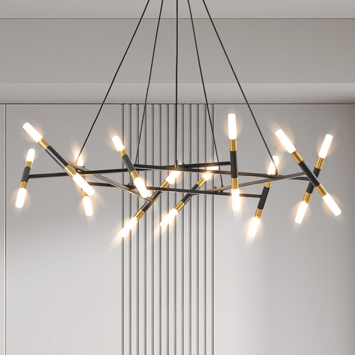 41" Black & Golden Modern Chandelier Light Fixture, Branch Design with Frosted Tubes, Black Cords, Adjustable Height Pendant Light for Dining Room, Living Room, or Kitchen Island (Bulb Not Included)