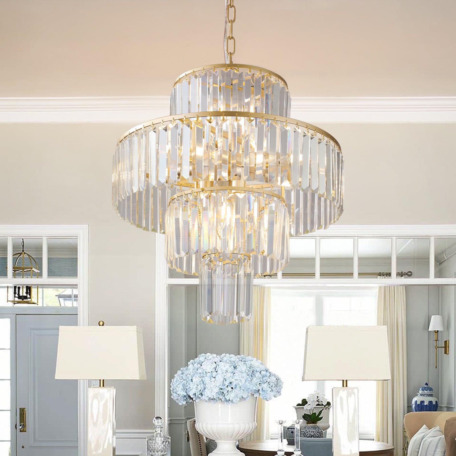 20" Modern Crystal Chandelier with Gold Finish, 4-Tier Design for Dining Room or Living Room, Elegant Crystal Pendant Light Fixture (Bulb Not Included)