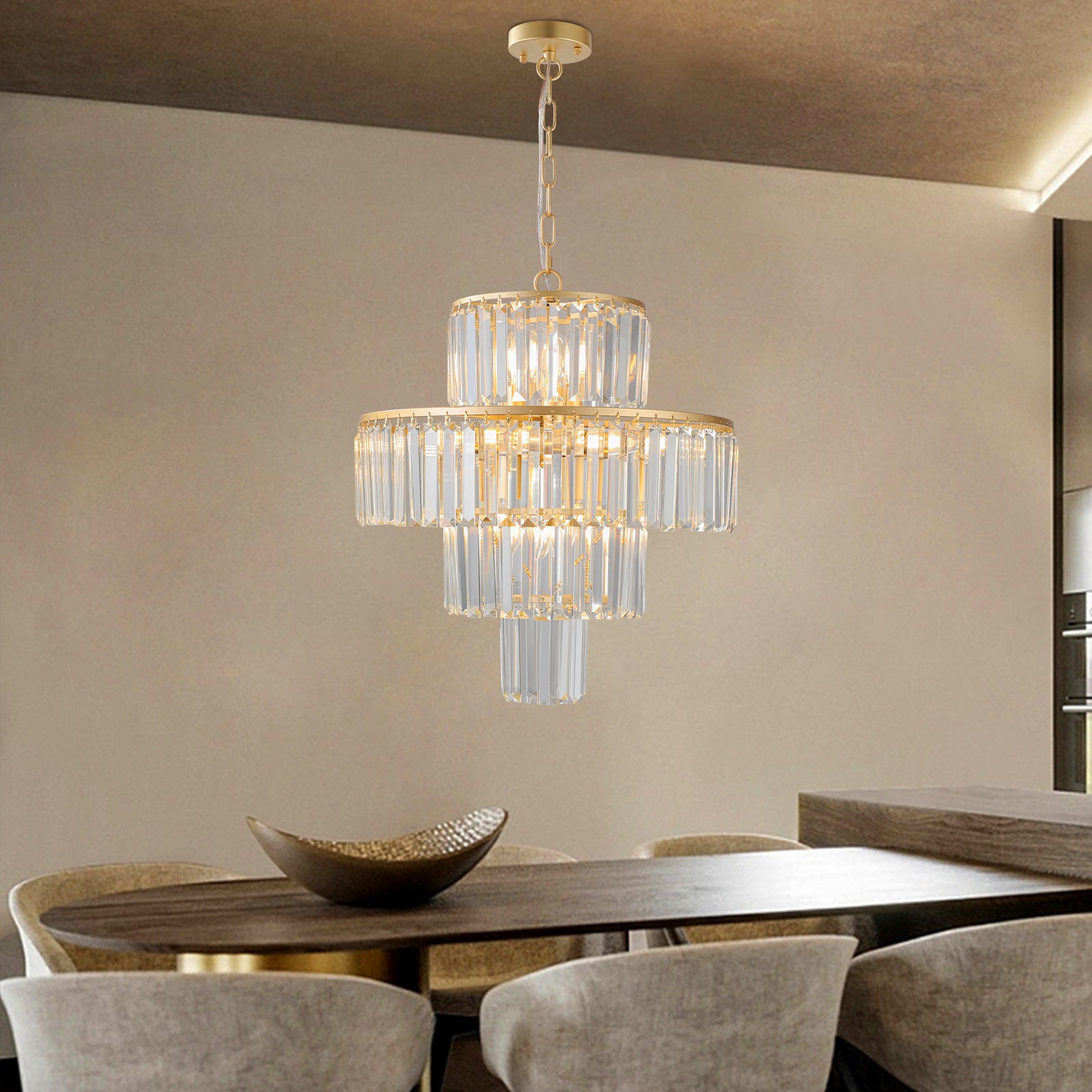 20" Modern Crystal Chandelier with Gold Finish, 4-Tier Design for Dining Room or Living Room, Elegant Crystal Pendant Light Fixture (Bulb Not Included)