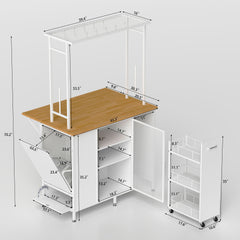 Kitchen Island with Storage Space, Breakfast Bar with Folding Flip-Up Panel, Large Storage Cabinet Shelves and Drawers, Large Coffee Bar Table with Hooks, White