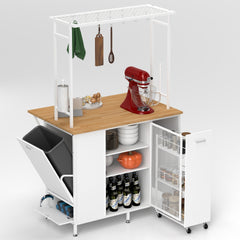 Kitchen Island with Storage Space, Breakfast Bar with Folding Flip-Up Panel, Large Storage Cabinet Shelves and Drawers, Large Coffee Bar Table with Hooks, White