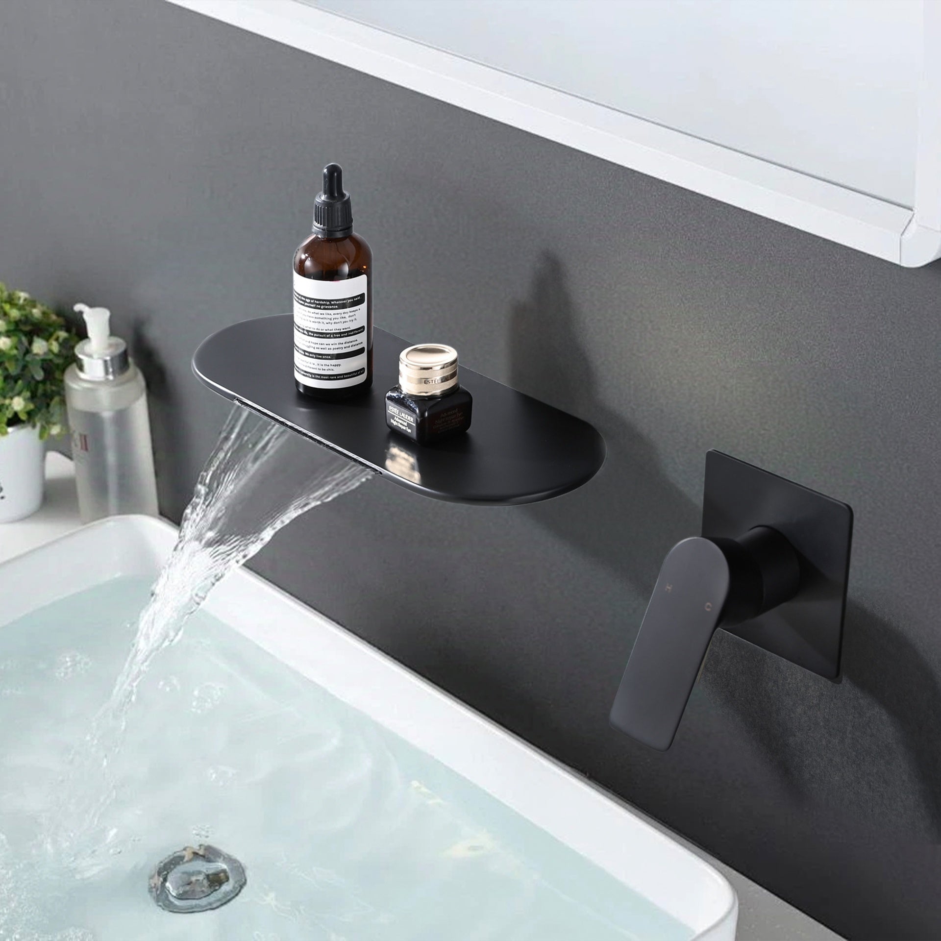 Wall Mount Bathtub Faucet Matte Black Single Handle Modern Bathroom Sink Faucet with Rough in Valve High Flow Filler Waterfall Tub Spout