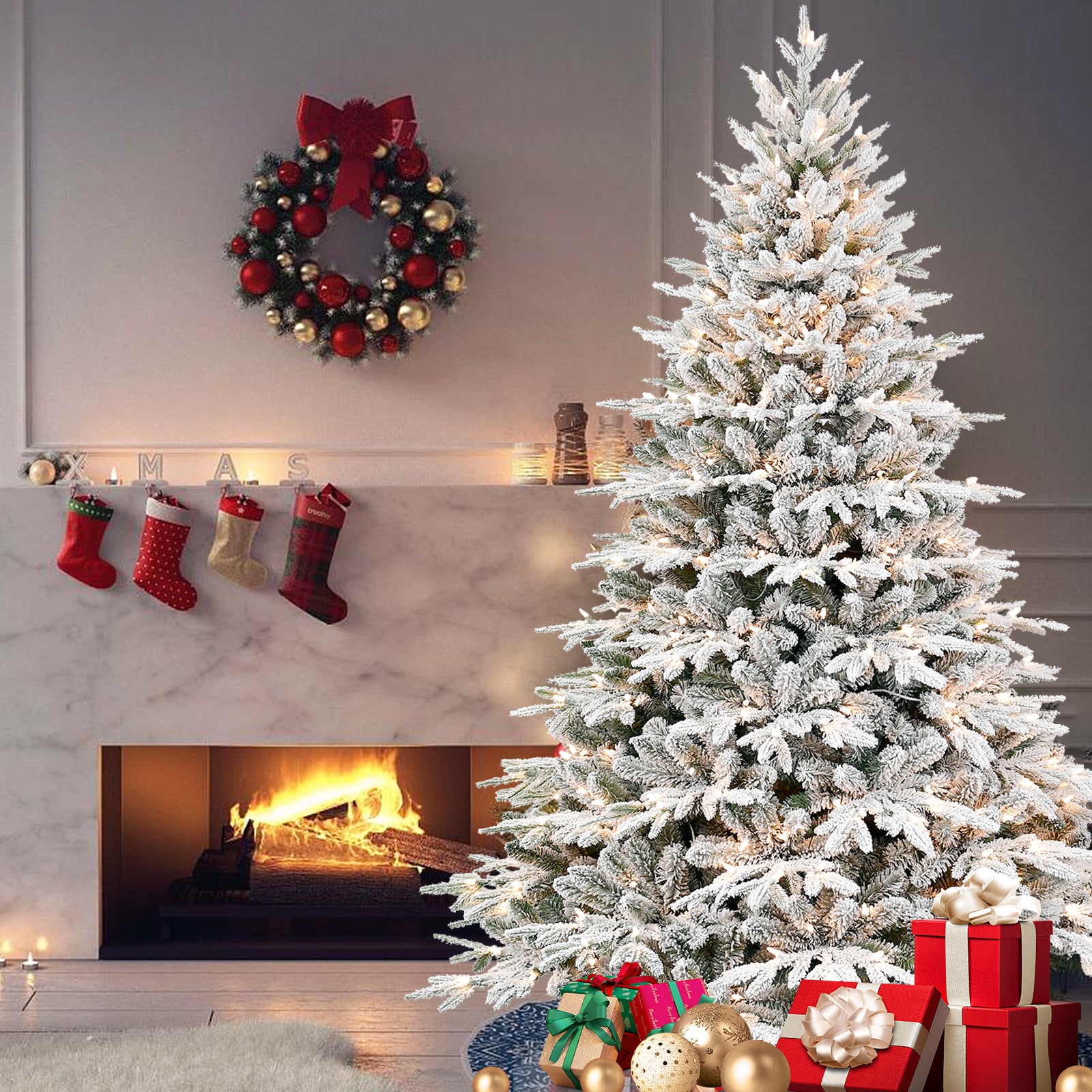 7.5ft Pre-Lit Flocked Artificial Christmas Tree with 650 Warm White Incandescent Lights, 3135 Tips, Snowy PE+PVC Hinged Pine with Partial Memory Wire Branches, Foldable Metal Stand for Holiday Dec