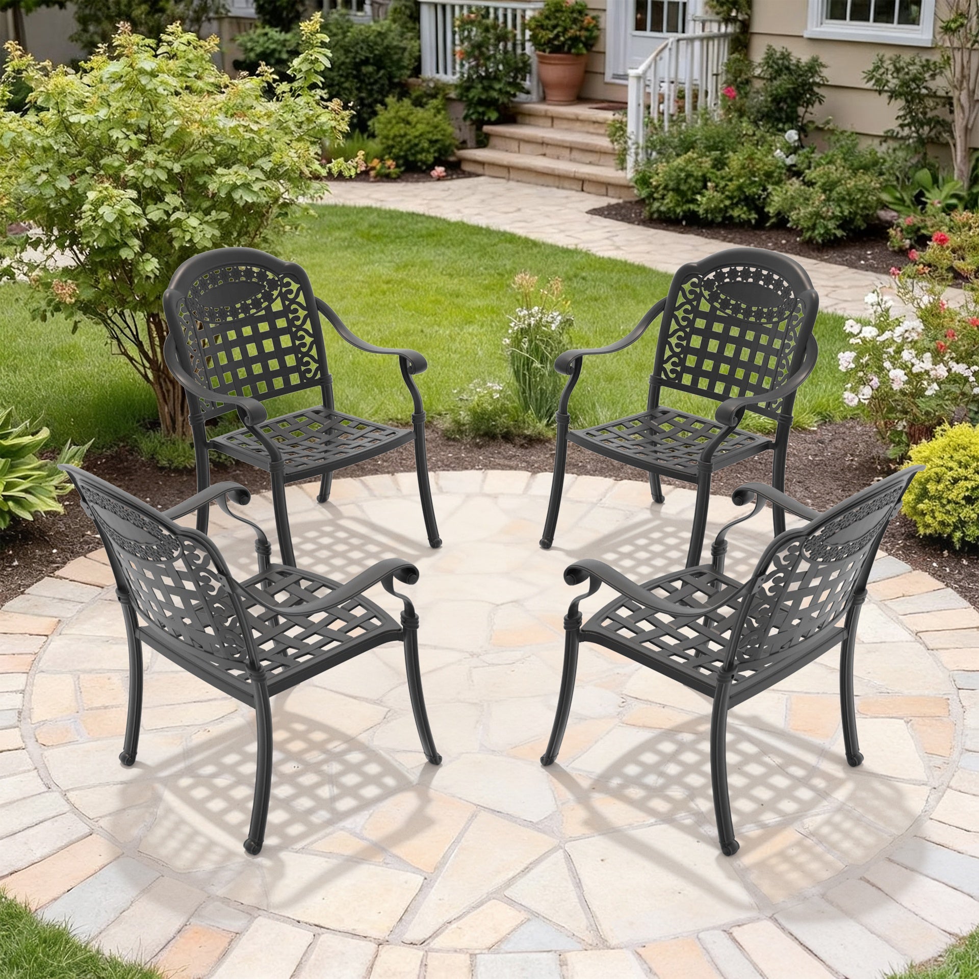 Cast Aluminum Patio Dining Chair 4PCS With Black Frame and Blue Cushions (same sku: W1710P166056)