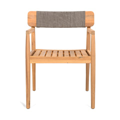 CREATIVE BRAIDED ACACIA WOOD OUTDOOR DINING CHAIRS WITH ARMRESTS, SUITABLE FOR OUTDOOR DINING AND LEISURE PLACES, TEAK LOOK & GREY ROPE,SET OF 2