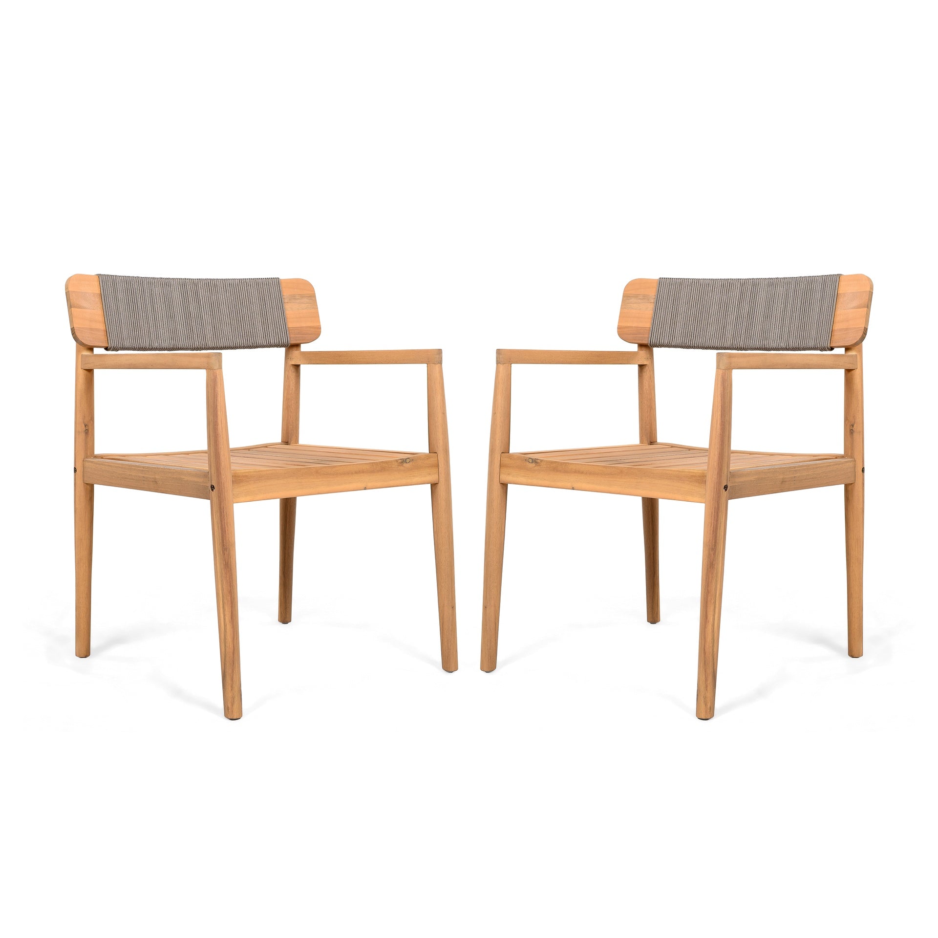 CREATIVE BRAIDED ACACIA WOOD OUTDOOR DINING CHAIRS WITH ARMRESTS, SUITABLE FOR OUTDOOR DINING AND LEISURE PLACES, TEAK LOOK & GREY ROPE,SET OF 2