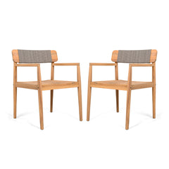 CREATIVE BRAIDED ACACIA WOOD OUTDOOR DINING CHAIRS WITH ARMRESTS, SUITABLE FOR OUTDOOR DINING AND LEISURE PLACES, TEAK LOOK & GREY ROPE,SET OF 2