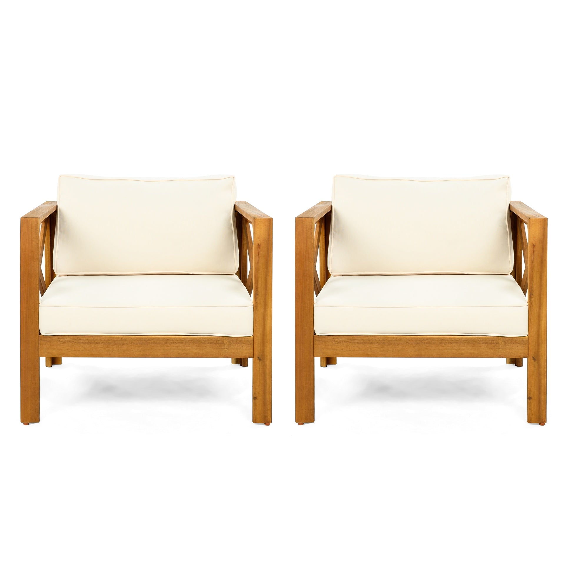 Patio Conversation Set, Outdoor Wood Conversation Seat(Set of 2),Armchair with Cushions,Foldable Acacia Wood Side Table,Teak Finish,Beige Cushion
