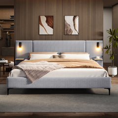 Chic Linen Upholstered Bed with Integrated Lights and Shelves, Grey, Queen