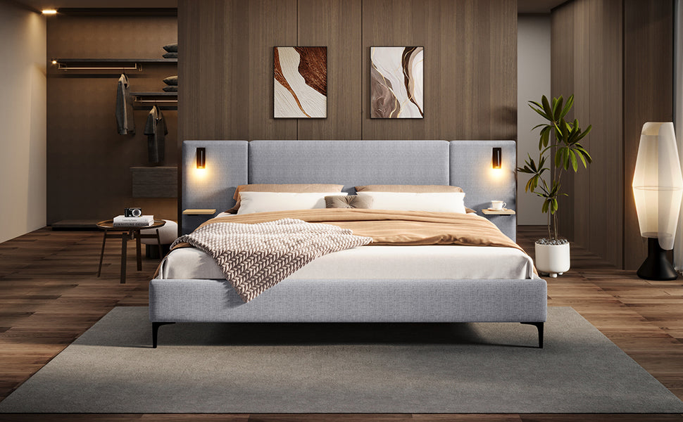 Chic Linen Upholstered Bed with Integrated Lights and Shelves, Grey, Queen