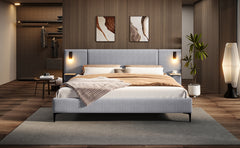 Chic Linen Upholstered Bed with Integrated Lights and Shelves, Grey, Queen